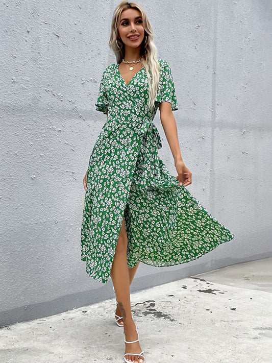 Blue Zone Planet |  Eva's Ditsy V-Neck Short Sleeve Slim Fit Midi Slit Dress BLUE ZONE PLANET