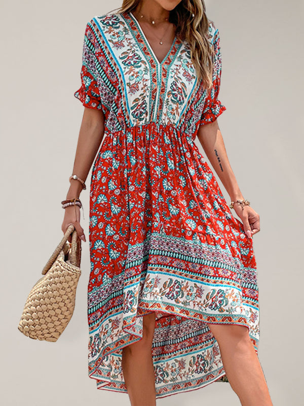 Blue Zone Planet | Olivia's Vintage Bohemian Slim Fit Midi Dress with Irregular Hem BLUE ZONE PLANET