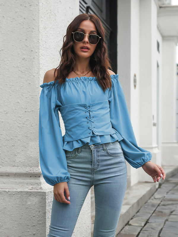 lace up Lantern Sleeve straight neck waist tunic jacket kakaclo