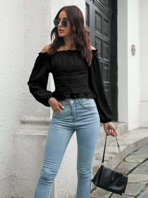 lace up Lantern Sleeve straight neck waist tunic jacket kakaclo