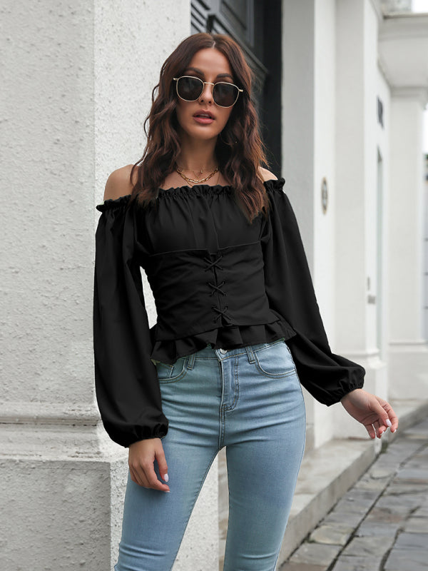 lace up Lantern Sleeve straight neck waist tunic jacket kakaclo