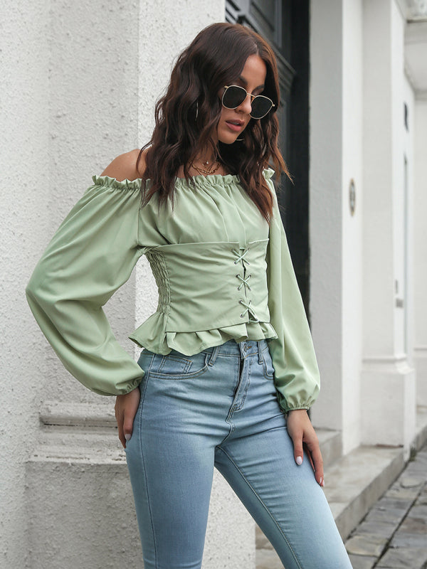 lace up Lantern Sleeve straight neck waist tunic jacket kakaclo