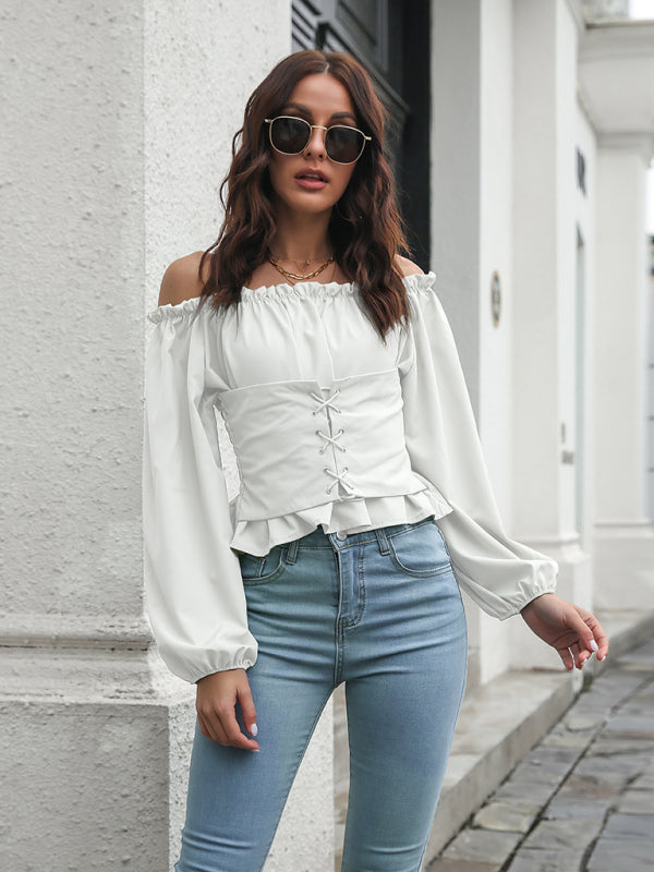 lace up Lantern Sleeve straight neck waist tunic jacket kakaclo
