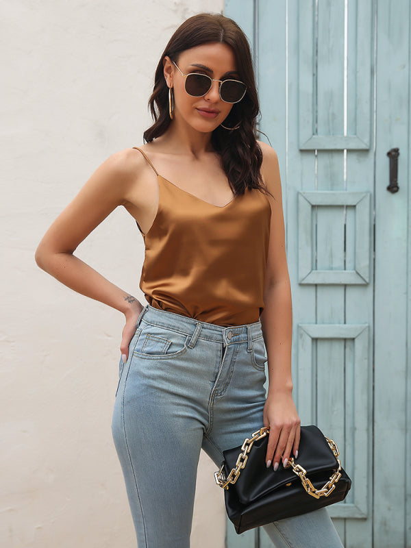 Satin imitation silk V-neck small spaghetti strap vest kakaclo