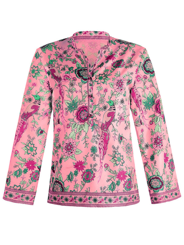 Printed Loose Shirt Button Long Sleeve Shirt BLUE ZONE PLANET