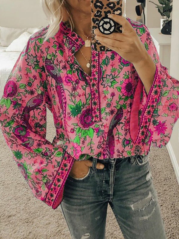 Printed Loose Shirt Button Long Sleeve Shirt BLUE ZONE PLANET