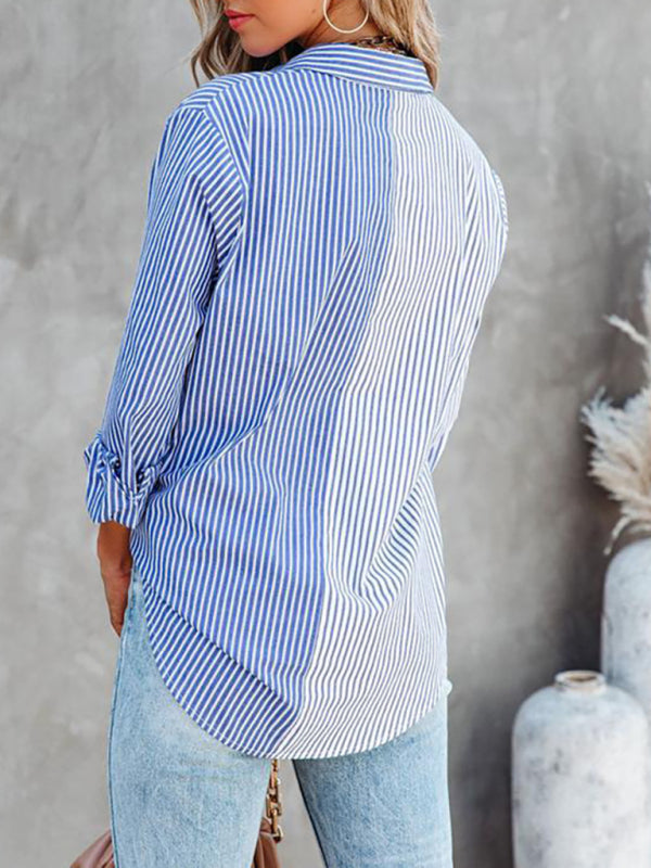 Blue Zone Planet | Striped Contrast Long Sleeve Single Breasted Shirt BLUE ZONE PLANET