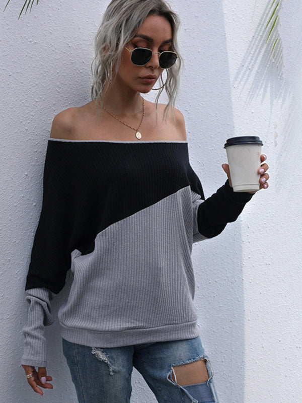 Blue Zone Planet | Colorblock Long Sleeve Knit Loose Off Shoulder One Shoulder Top BLUE ZONE PLANET
