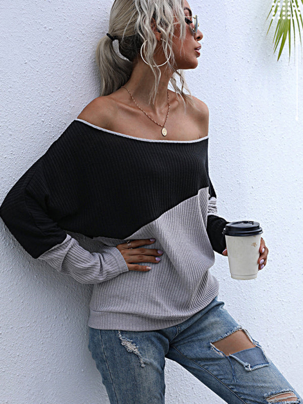 Blue Zone Planet | Colorblock Long Sleeve Knit Loose Off Shoulder One Shoulder Top BLUE ZONE PLANET