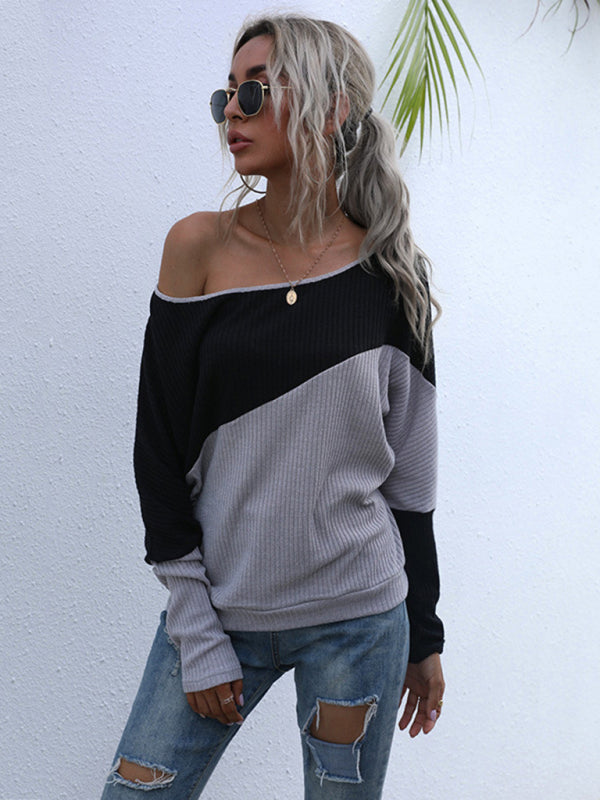 Blue Zone Planet | Colorblock Long Sleeve Knit Loose Off Shoulder One Shoulder Top BLUE ZONE PLANET
