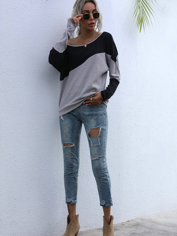 Blue Zone Planet | Colorblock Long Sleeve Knit Loose Off Shoulder One Shoulder Top BLUE ZONE PLANET