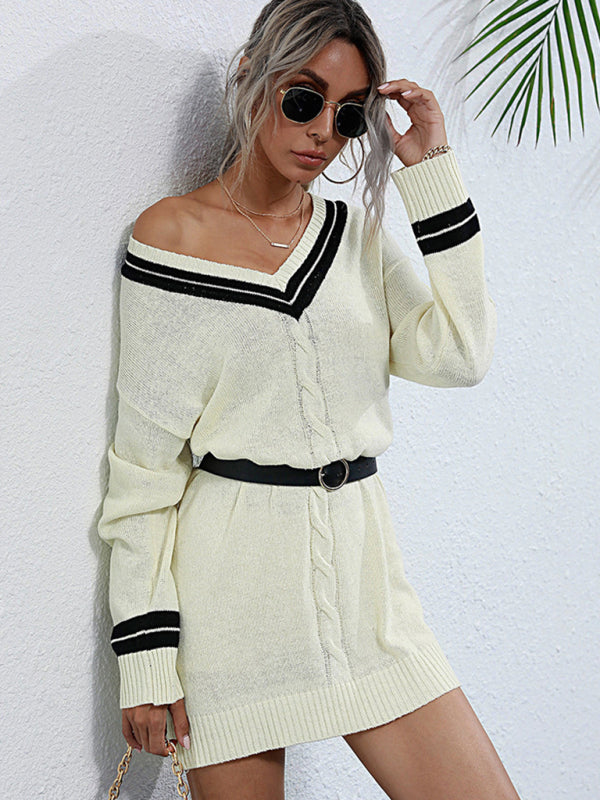 Blue Zone Planet | stitching v-neck long bottoming knitted sweater dress BLUE ZONE PLANET