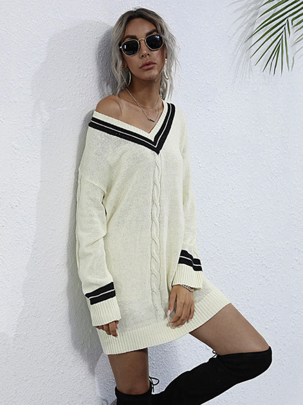 Blue Zone Planet | stitching v-neck long bottoming knitted sweater dress BLUE ZONE PLANET