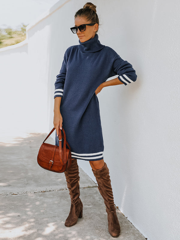 Blue Zone Planet | high neck long sleeve skirt knitted dress BLUE ZONE PLANET