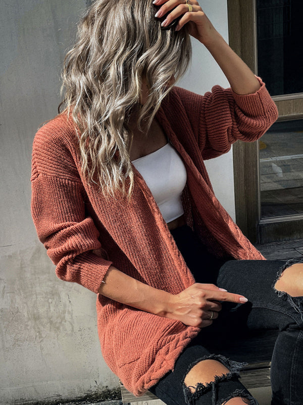 loose long sleeve twist solid color sweater cardigan kakaclo