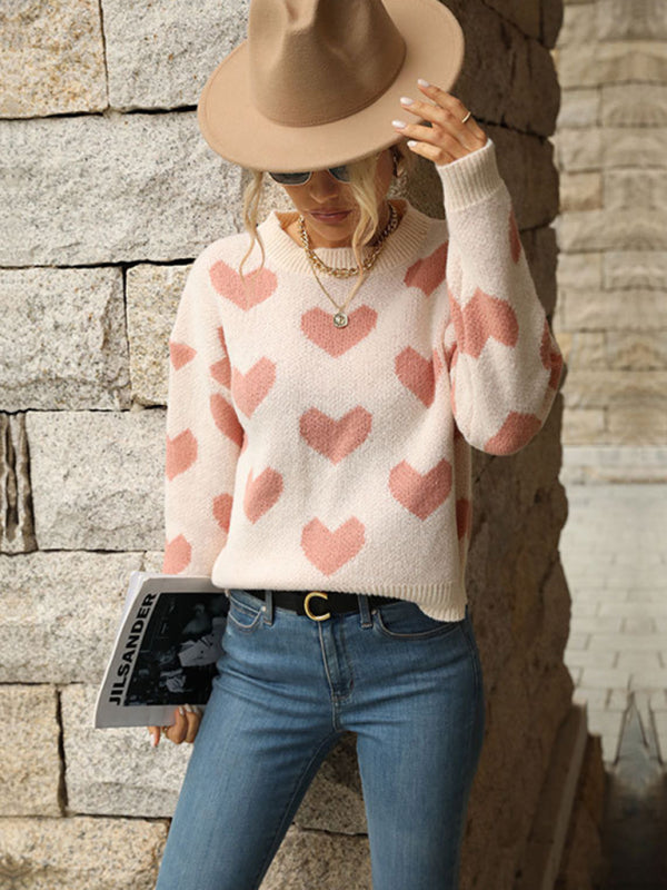 Blue Zone Planet | Knit Casual Heart Long Sleeve Pink Sweater kakaclo