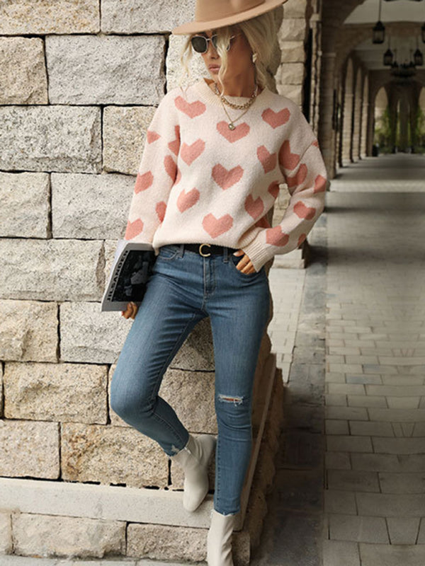 Blue Zone Planet | Knit Casual Heart Long Sleeve Pink Sweater kakaclo