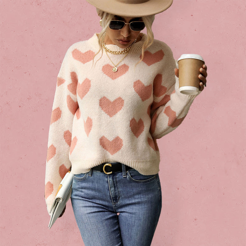 Blue Zone Planet | Knit Casual Heart Long Sleeve Pink Sweater kakaclo