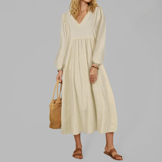 Blue Zone Planet |  Women's Cotton Linen Loose Balloon Sleeve Dress kakaclo