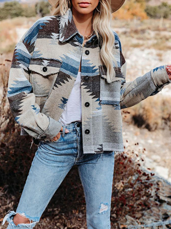 Blue Zone Planet | Women's Vintage Ethnic Geometric Print Long Sleeve Woolen Jacket kakaclo