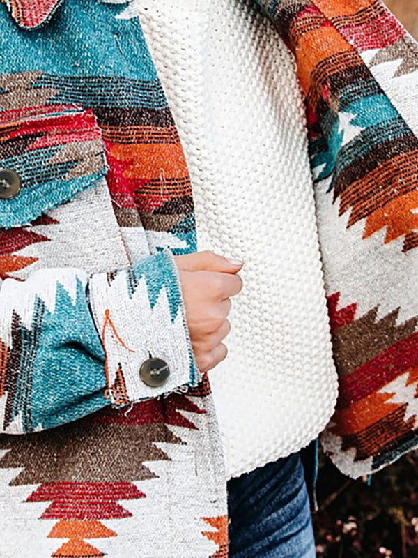 Blue Zone Planet | Women's Vintage Ethnic Geometric Print Long Sleeve Woolen Jacket kakaclo