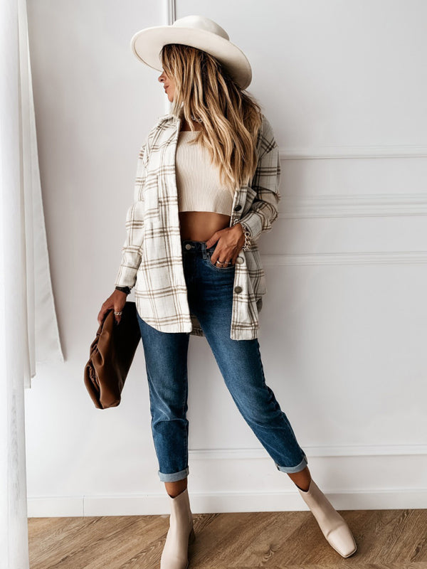 Women's Plaid Casual Brushed Wool Cardigan Jacket kakaclo