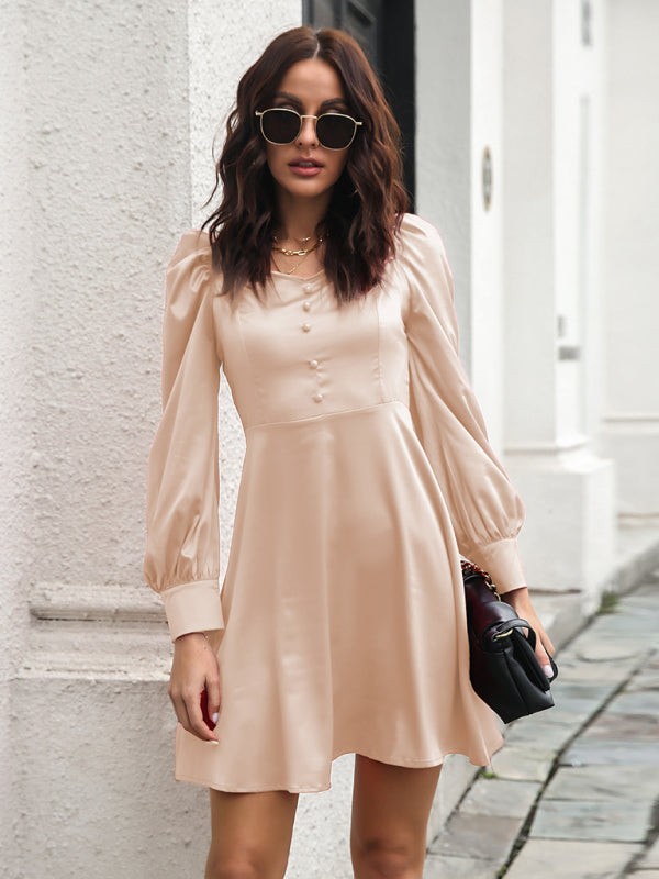 color satin love collar bubble sleeve French Long Sleeve Dress kakaclo