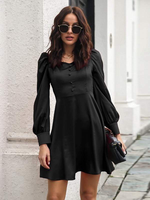 color satin love collar bubble sleeve French Long Sleeve Dress kakaclo