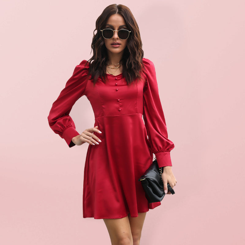 color satin love collar bubble sleeve French Long Sleeve Dress kakaclo
