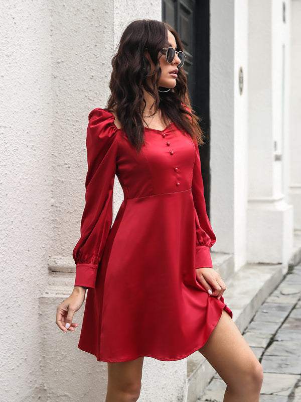 color satin love collar bubble sleeve French Long Sleeve Dress kakaclo
