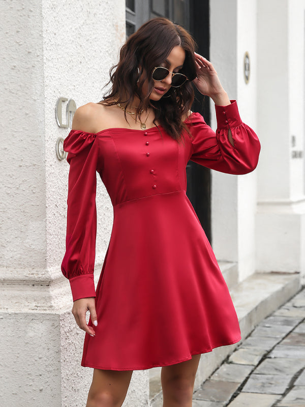 color satin love collar bubble sleeve French Long Sleeve Dress kakaclo