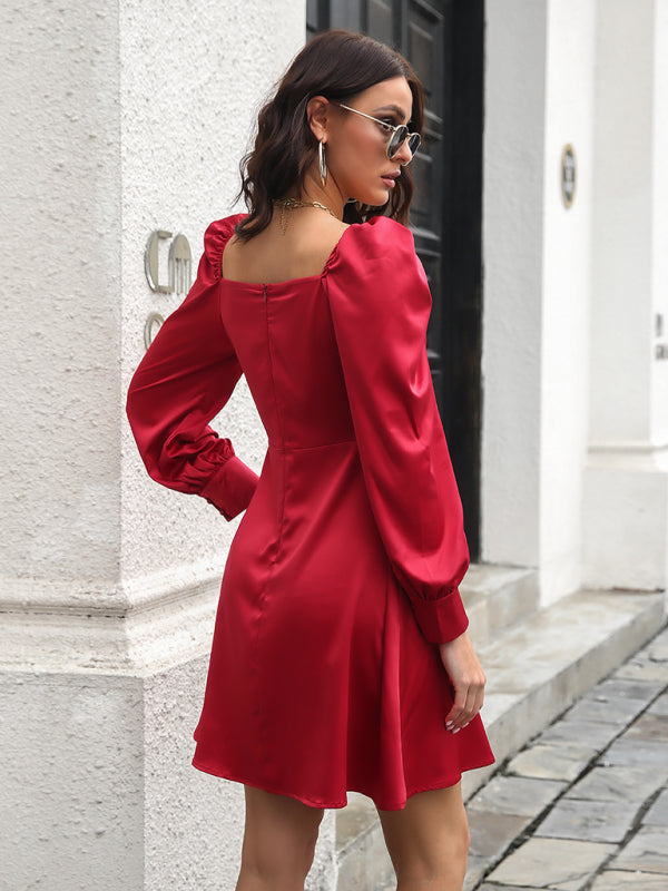color satin love collar bubble sleeve French Long Sleeve Dress kakaclo