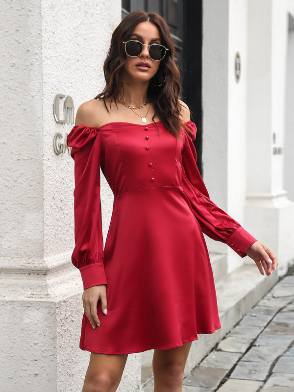 color satin love collar bubble sleeve French Long Sleeve Dress kakaclo
