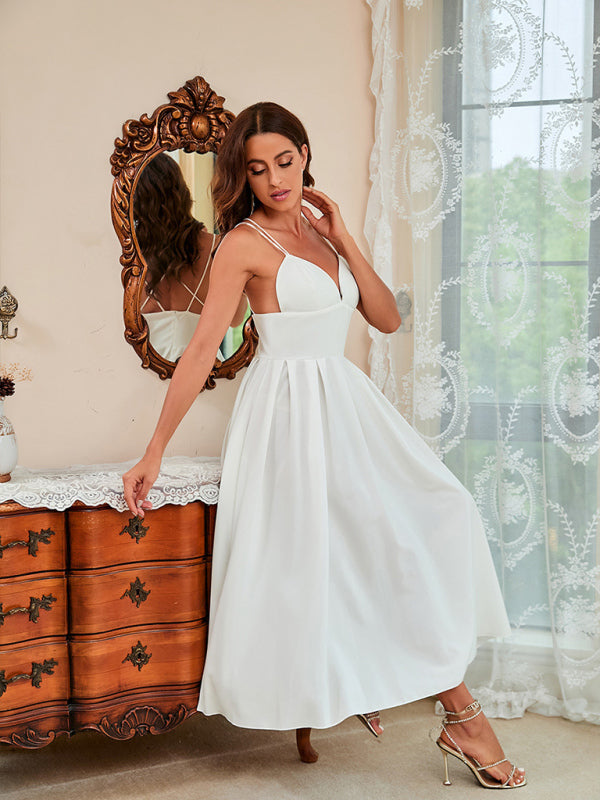 White Spaghetti Strap Sexy Swing Midi Prom Dress BLUE ZONE PLANET