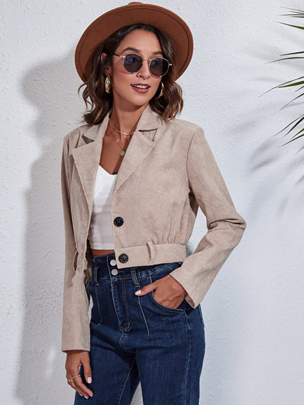 suit collar corduroy jacket autumn winter long sleeve short coat kakaclo