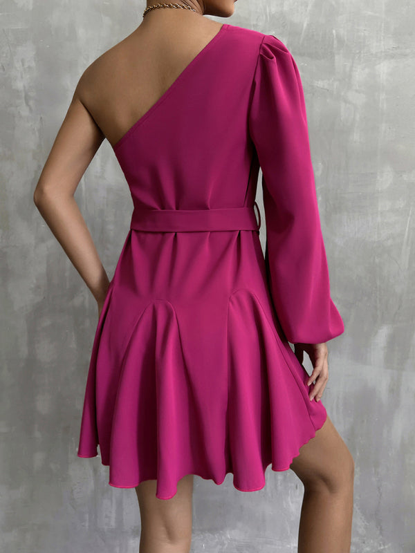 Blue Zone Planet | Woman'S Autumn Solid Color Slanted Shoulder Unilateral Sleeve A-Line Swing Casual Dress kakaclo