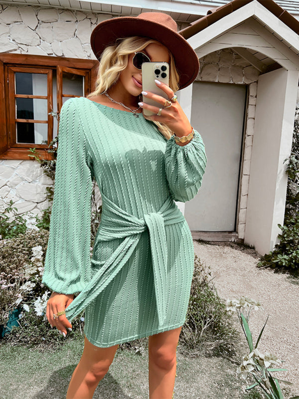 Round Neck Long Sleeve Waist Slim Dress BLUE ZONE PLANET