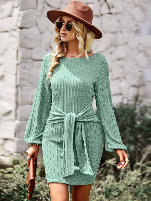 Round Neck Long Sleeve Waist Slim Dress BLUE ZONE PLANET