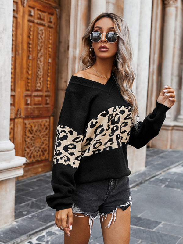Blue Zone Planet | V-Neck Colorblock Leopard Sweater BLUE ZONE PLANET