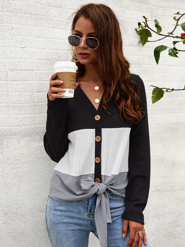 Blue Zone Planet | Long Sleeve Knit V-Neck Panel Top BLUE ZONE PLANET