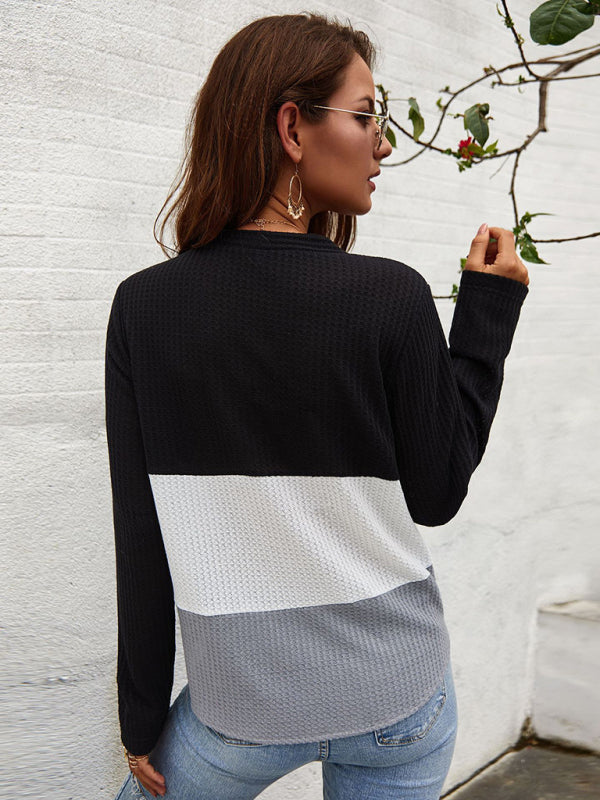 Blue Zone Planet | Long Sleeve Knit V-Neck Panel Top BLUE ZONE PLANET