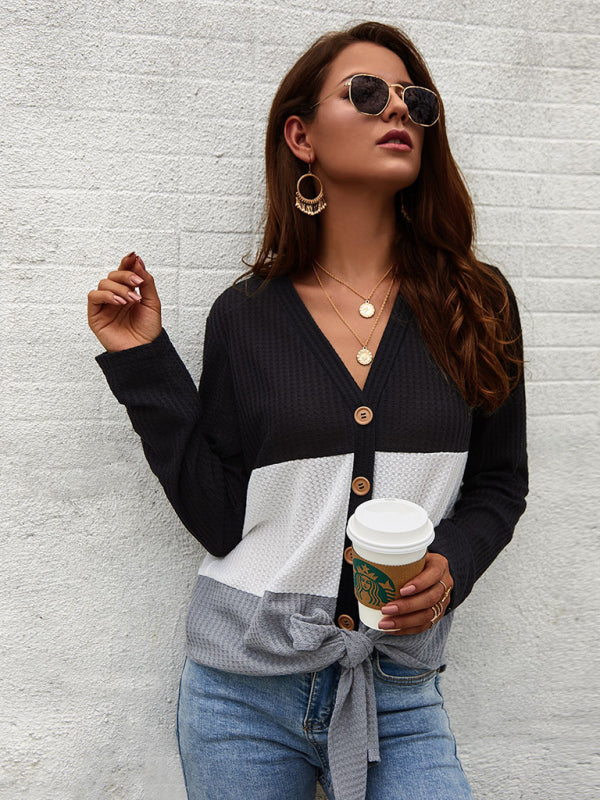 Blue Zone Planet | Long Sleeve Knit V-Neck Panel Top BLUE ZONE PLANET