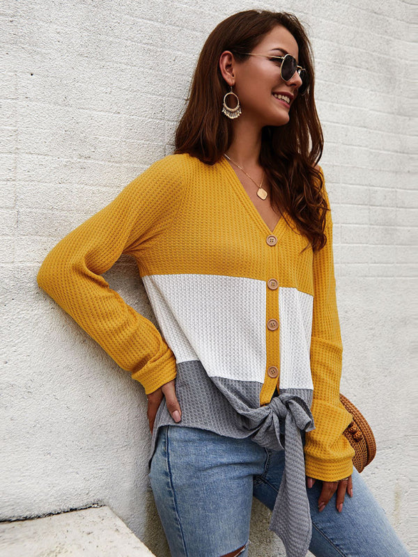 Blue Zone Planet | Long Sleeve Knit V-Neck Panel Top BLUE ZONE PLANET