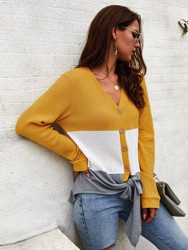 Blue Zone Planet | Long Sleeve Knit V-Neck Panel Top BLUE ZONE PLANET