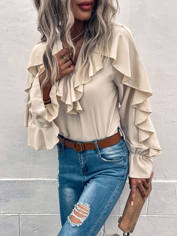Blue Zone Planet | Solid V-Neck Ruffle Panel Top BLUE ZONE PLANET