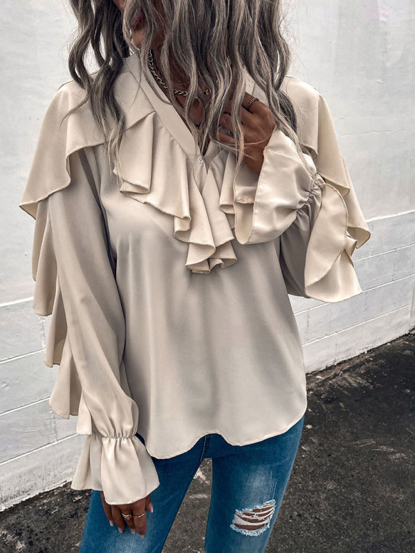 Blue Zone Planet | Solid V-Neck Ruffle Panel Top BLUE ZONE PLANET