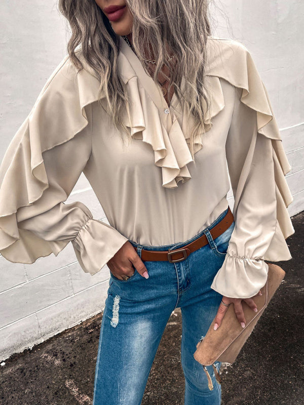 Blue Zone Planet | Solid V-Neck Ruffle Panel Top BLUE ZONE PLANET