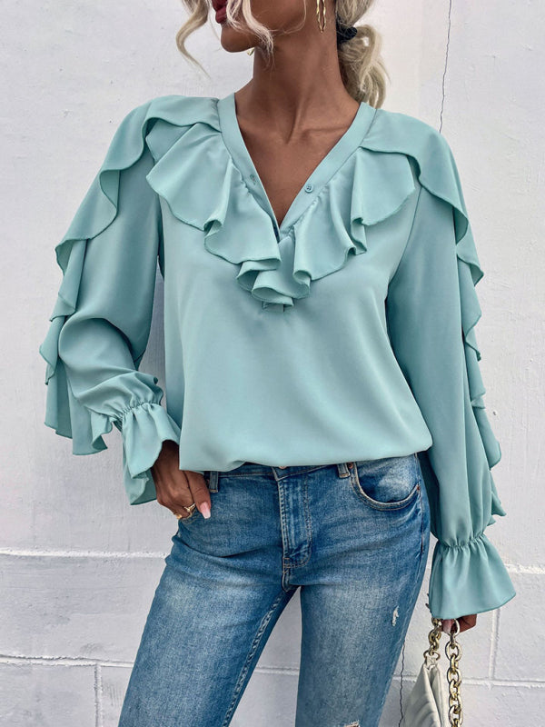 Blue Zone Planet | Solid V-Neck Ruffle Panel Top BLUE ZONE PLANET