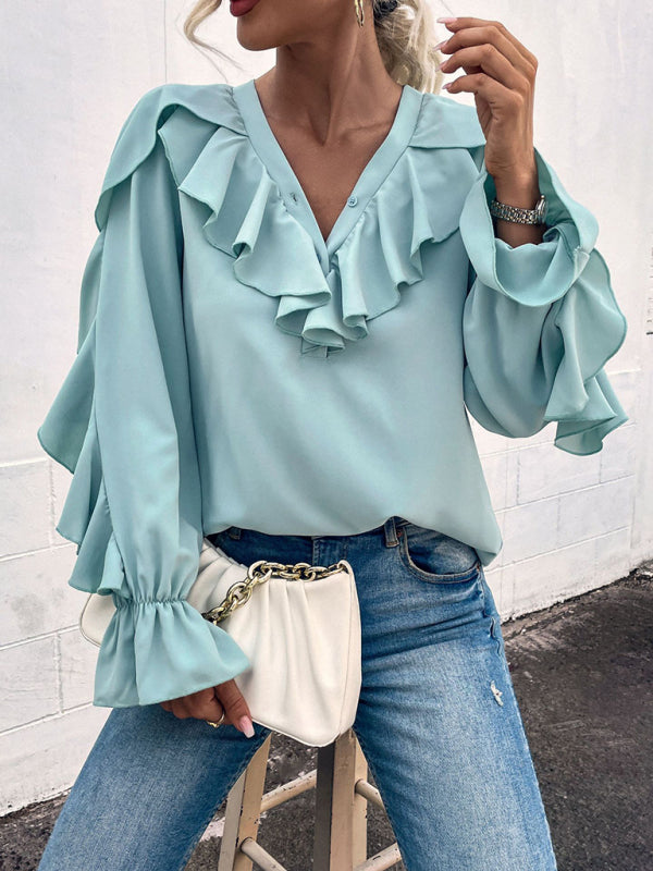 Blue Zone Planet | Solid V-Neck Ruffle Panel Top BLUE ZONE PLANET