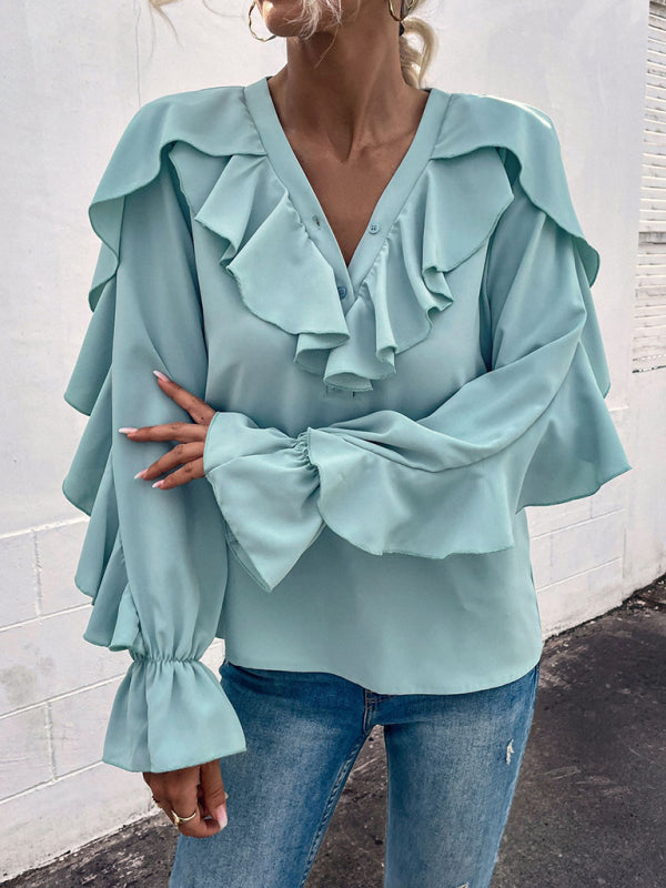 Blue Zone Planet | Solid V-Neck Ruffle Panel Top BLUE ZONE PLANET